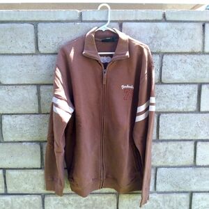 Brown Varsity Bomber Jacket with White Chevron Accents